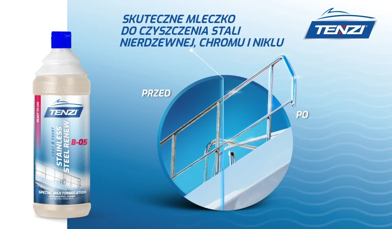 TENZI Boat Stainless Steel Renew 1L środek do czyszczenia metalu mleczko lekko alkaliczne na łodziach i jachtach